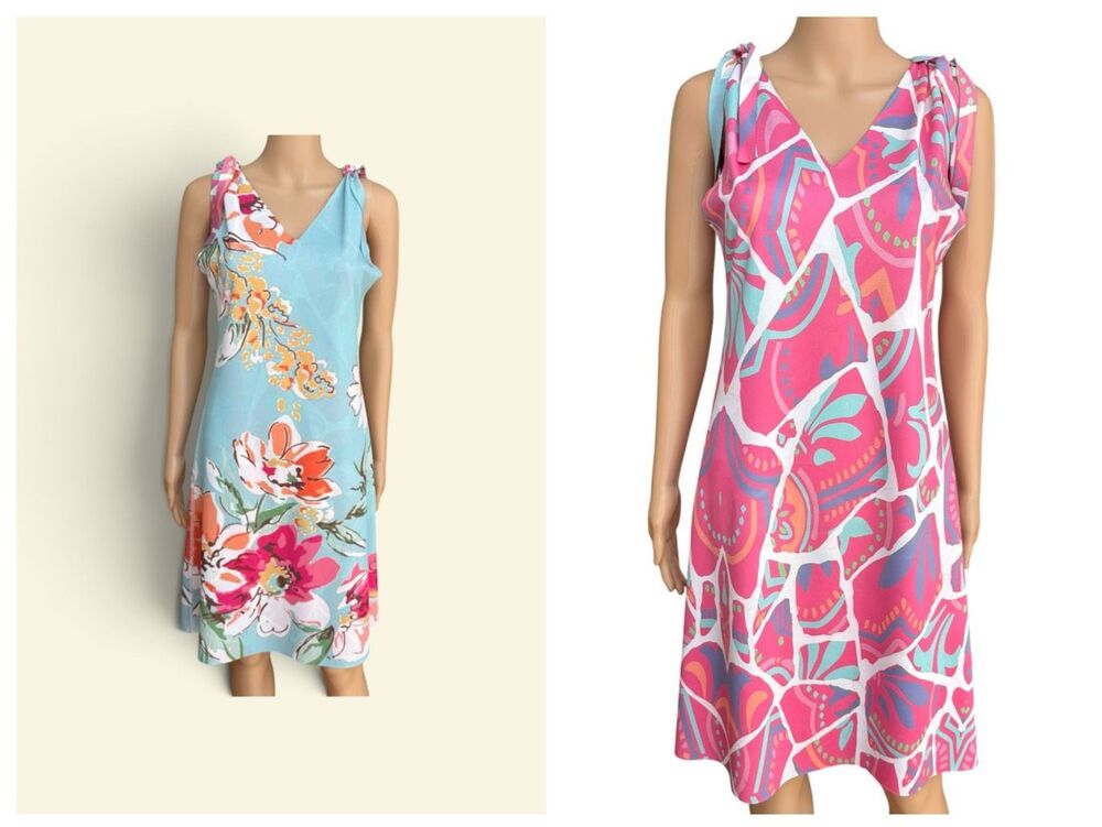 Women’s Reversible Tropical Shift Dress Pink Blue Floral Sleeveless Approx S/M?